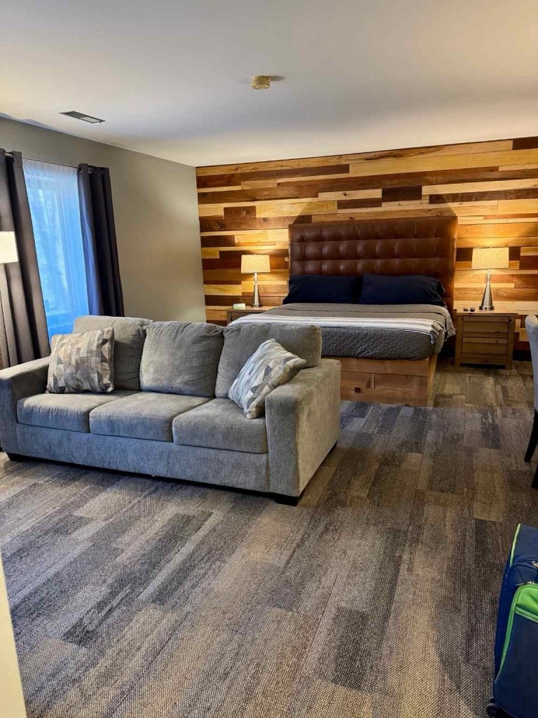 king guest room showing a sofa and king bed 