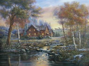 painting with a house in the woods behind a stream of water in the fall before any halloween details were added on