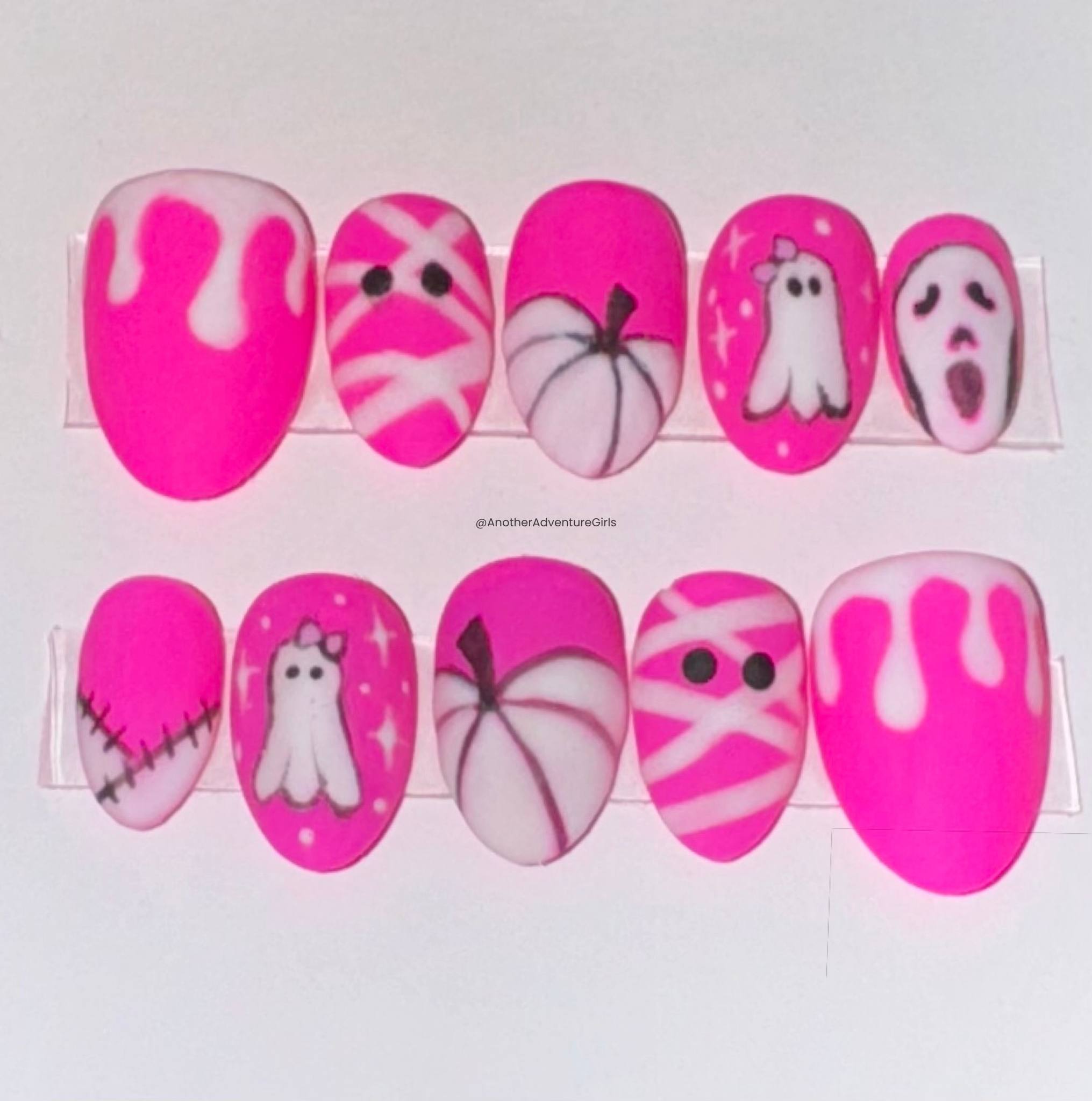 hot pink halloween press on nail art design idea