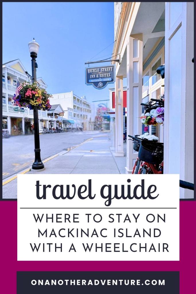 an empty main street on mackinac island in front of the Bicycle Street Inn and Suites hotel sign